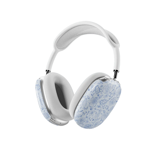 Blue Willow AirPods Max case — angled three quarter view showing the snap fit design