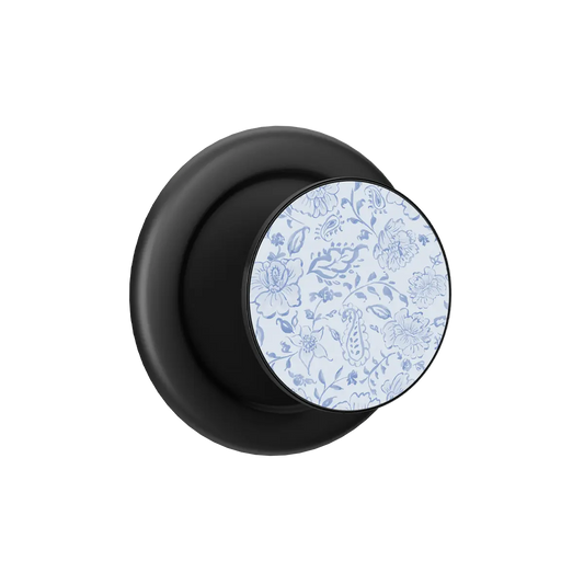 Blue Willow MagSafe phone grip — black, front hero expanded showing dusty blue toile floral print