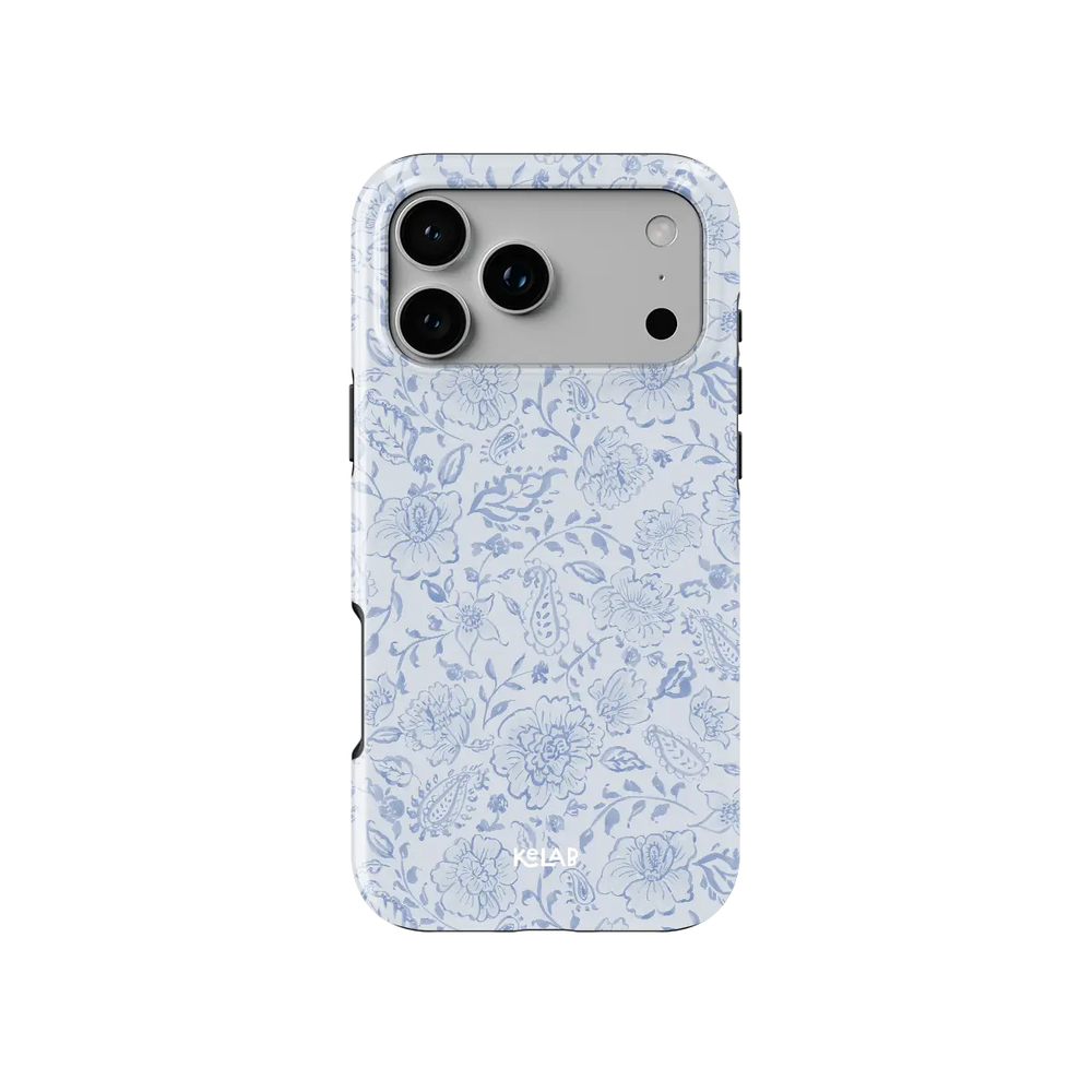 Blue Willow iPhone case — Tough, back view showing dusty blue toile paisley floral print on ivory ground