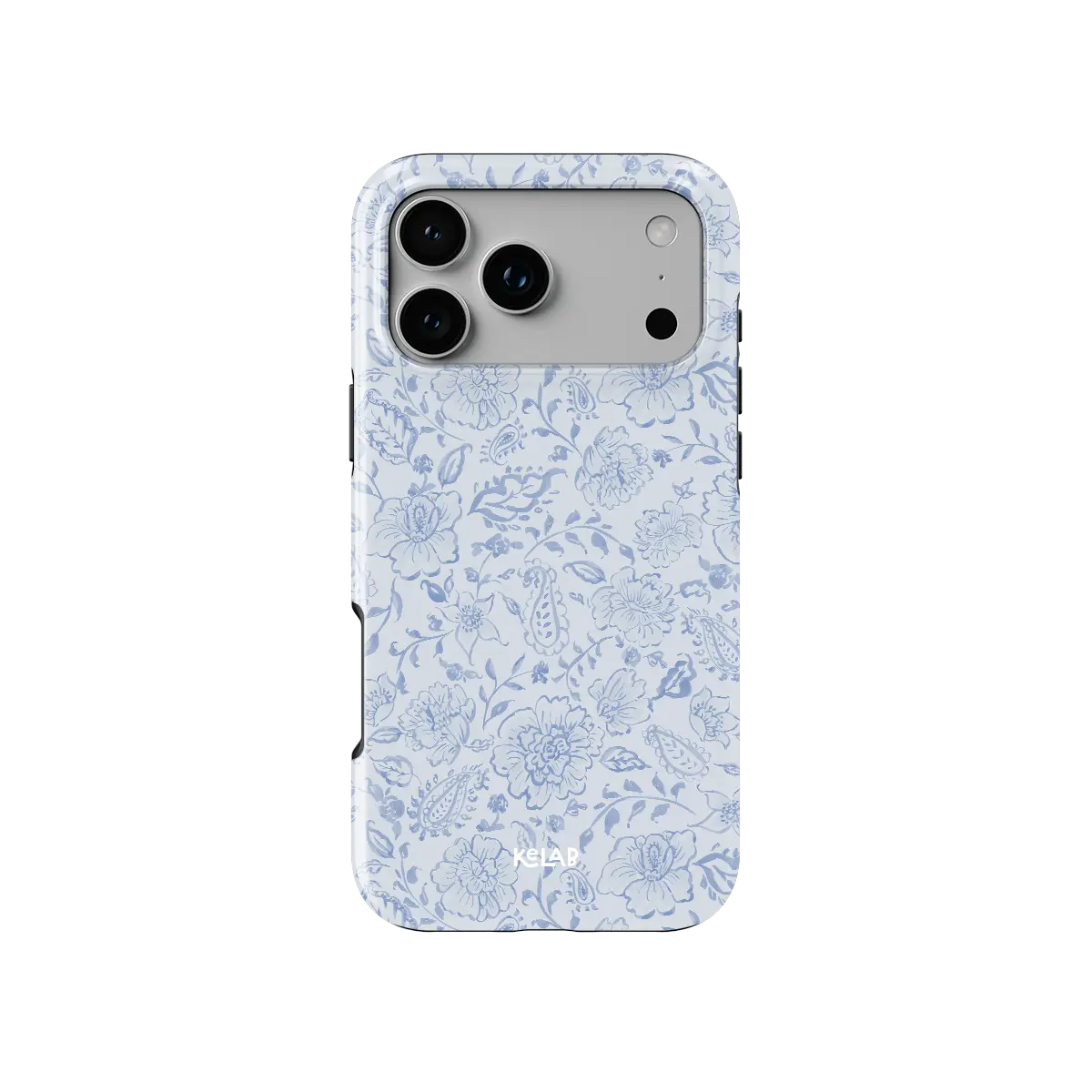 Blue Willow iPhone case — Tough, back view showing dusty blue toile paisley floral print on ivory ground
