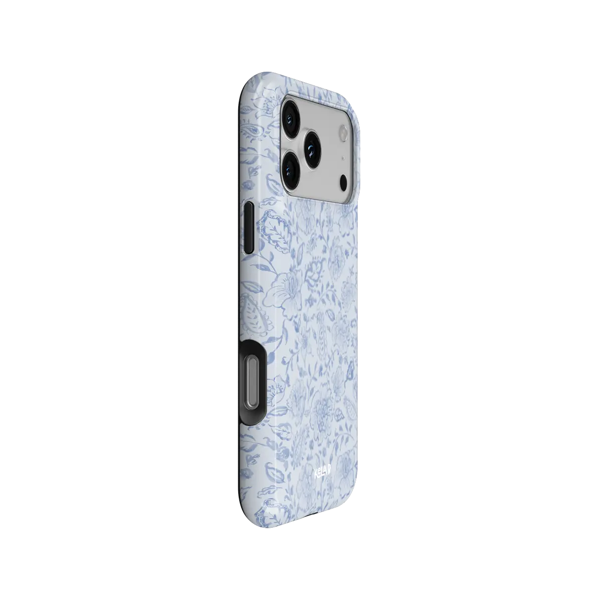 Blue Willow iPhone case — Tough, side angle showing full body wrap and button cutouts
