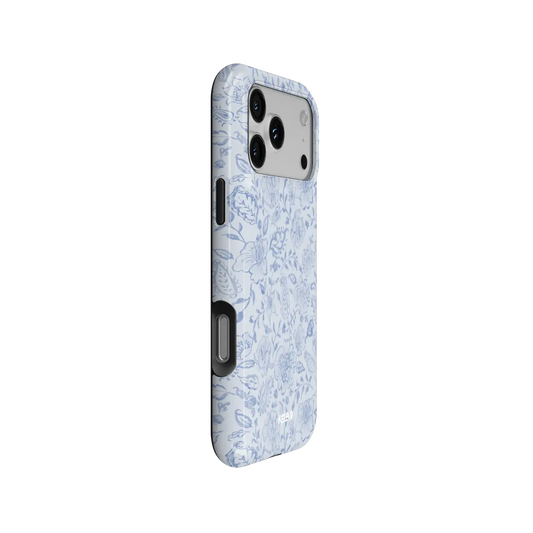 Blue Willow iPhone case — Tough, side angle showing full body wrap and button cutouts