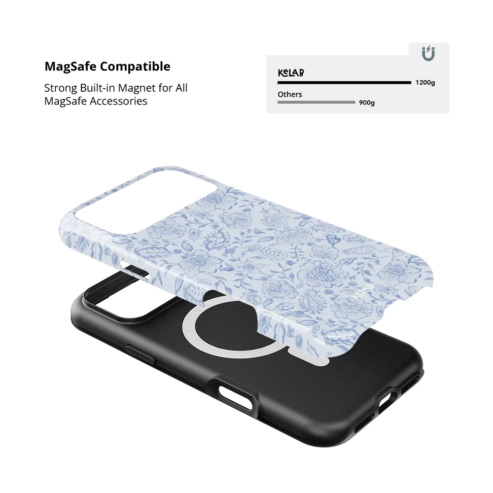 Blue Willow iPhone case — Tough, MagSafe magnet compatibility demonstration