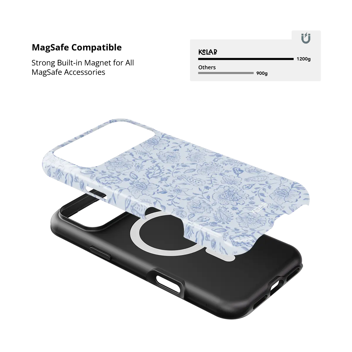 Blue Willow iPhone case — Tough, MagSafe magnet compatibility demonstration