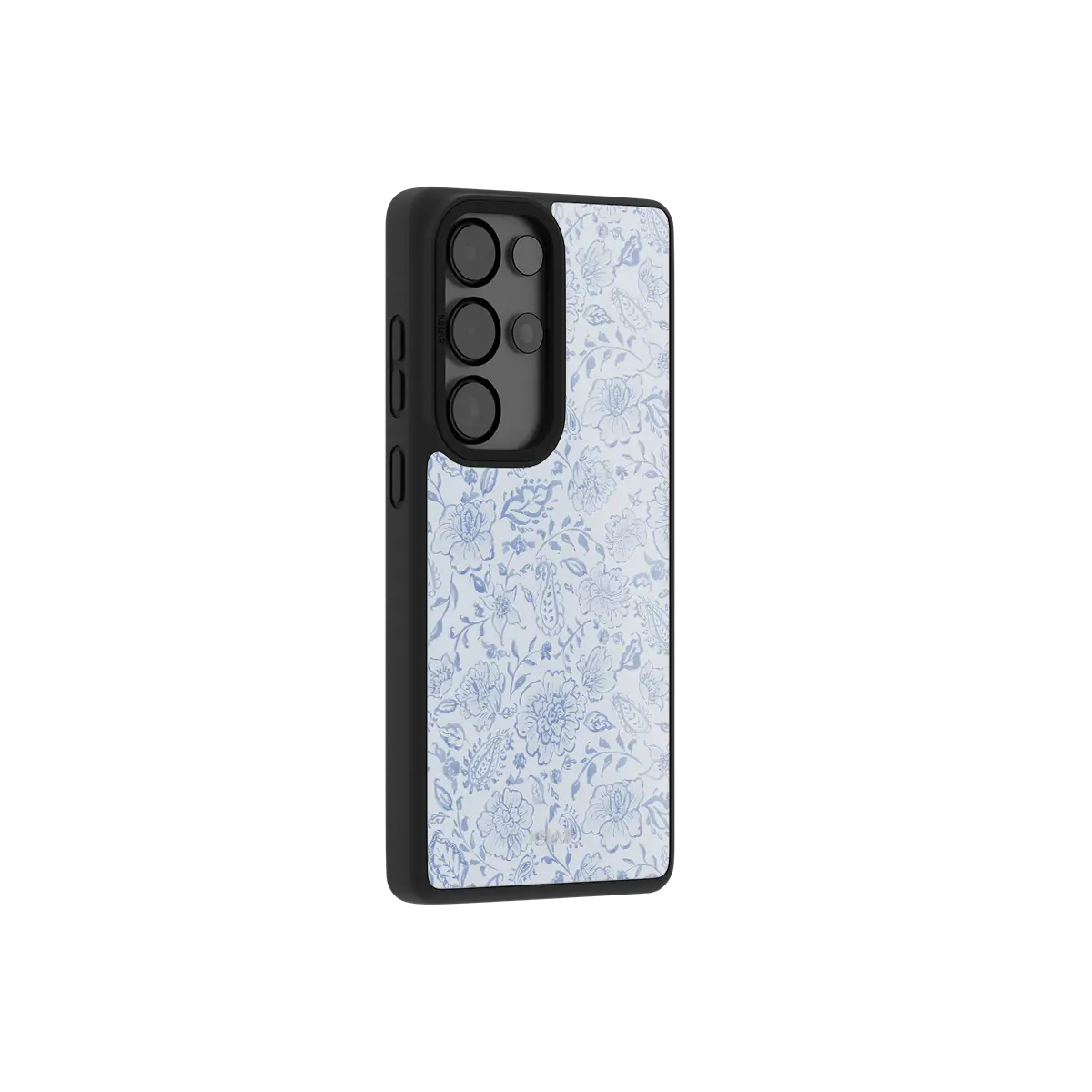 Blue Willow Samsung phone case — side angle showing full body wrap and button cutouts