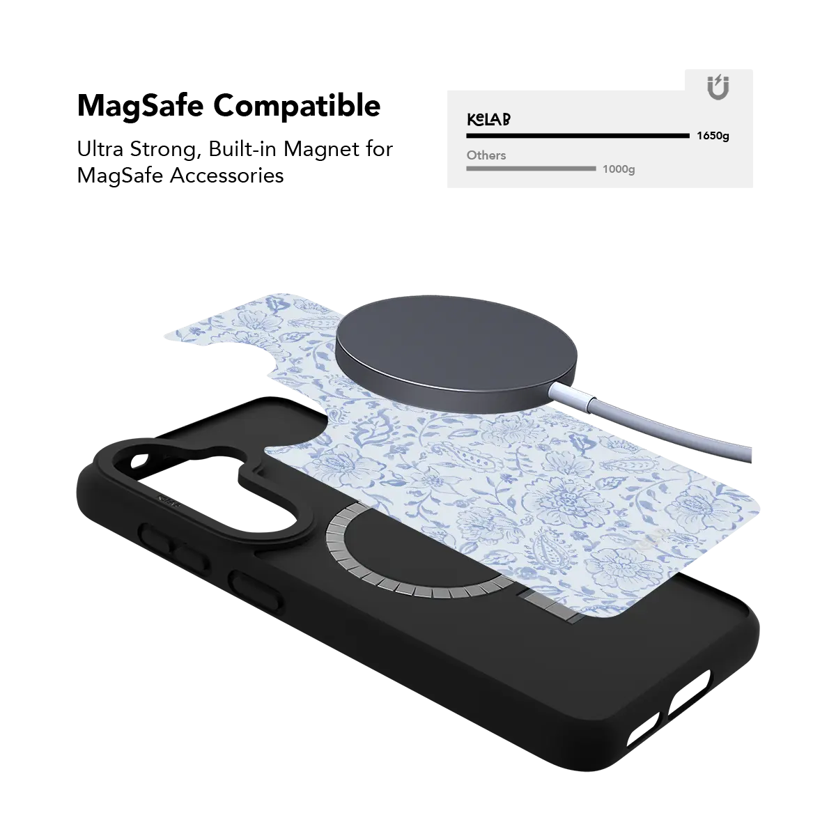 Blue Willow Samsung phone case — back view, MagSafe magnet compatibility demonstration