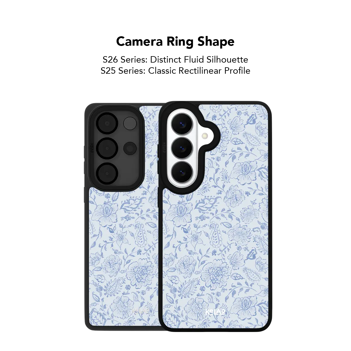 Blue Willow Samsung phone case — back view, camera ring cutout shape detail close up