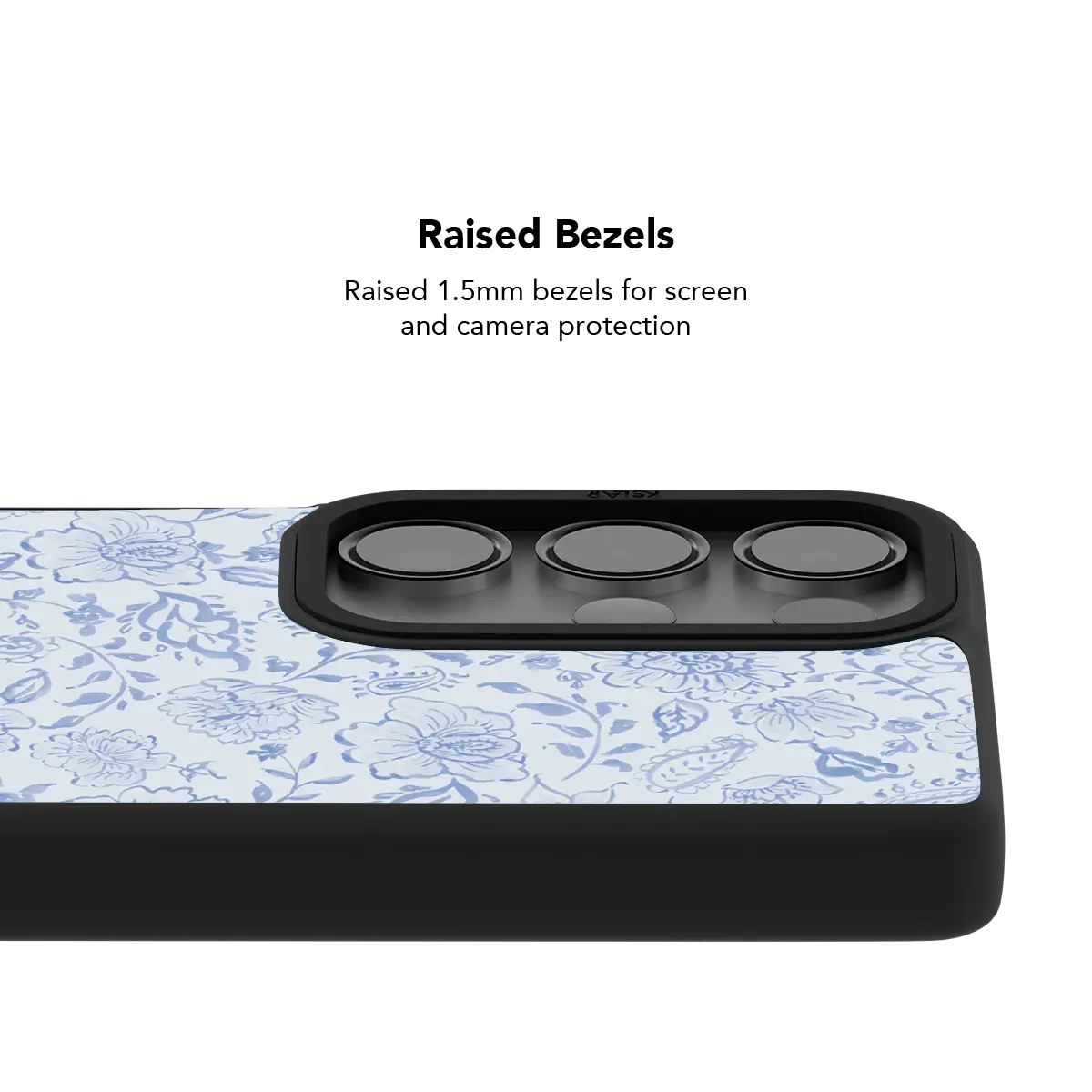 Blue Willow Samsung phone case — angled view, raised bezel and camera protection detail