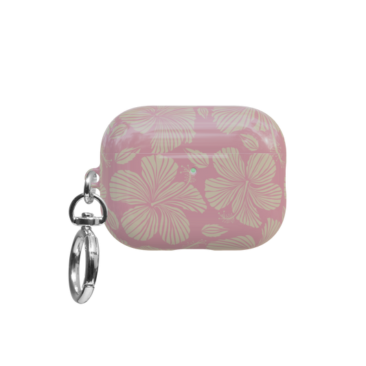Pink Hibiscus Floral airpods pro case front view with closed lid and keychain