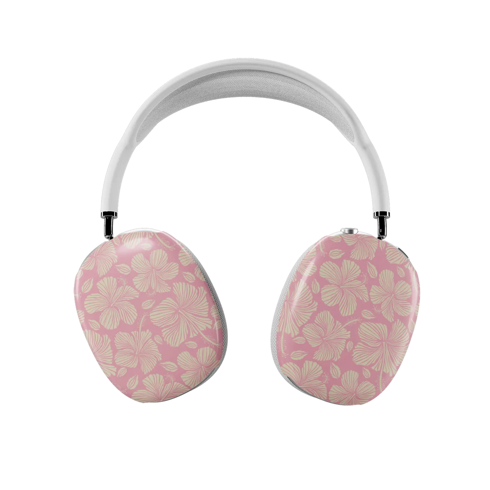Guava Bloom AirPods Max case — front view of both earcups in dense cream hibiscus on pink
