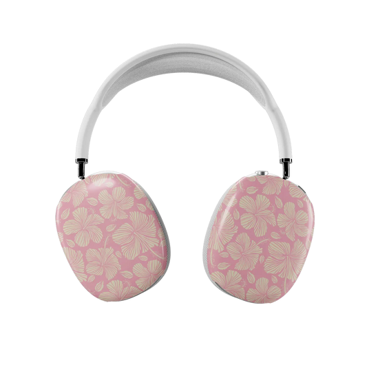 Guava Bloom AirPods Max case — front view of both earcups in dense cream hibiscus on pink