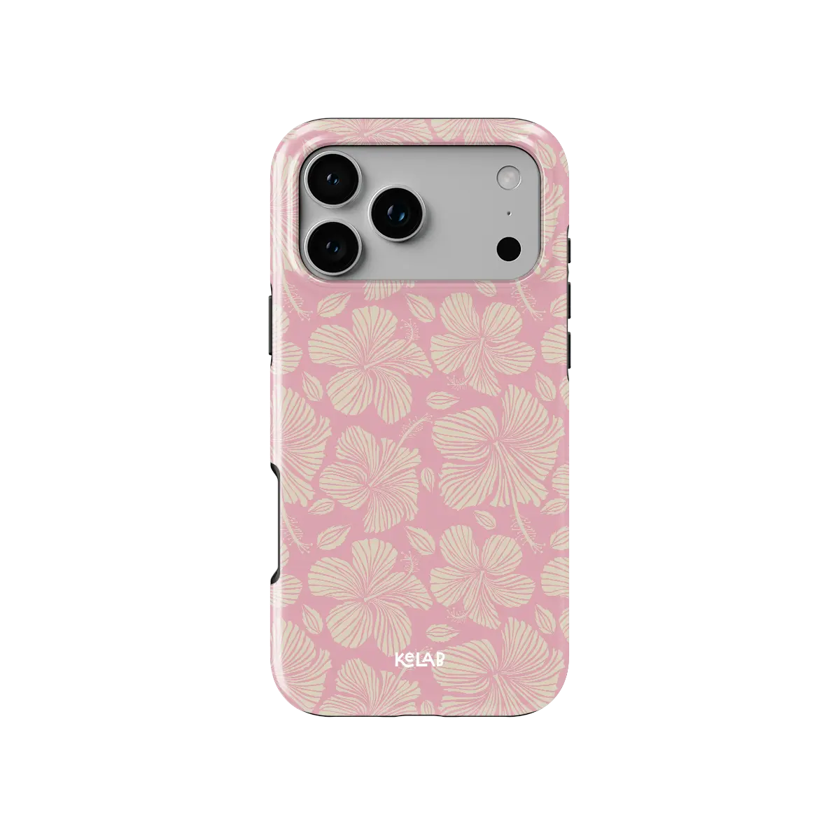 Guava Bloom iPhone case — Tough, back view showing cream hibiscus line work on a soft guava pink ground