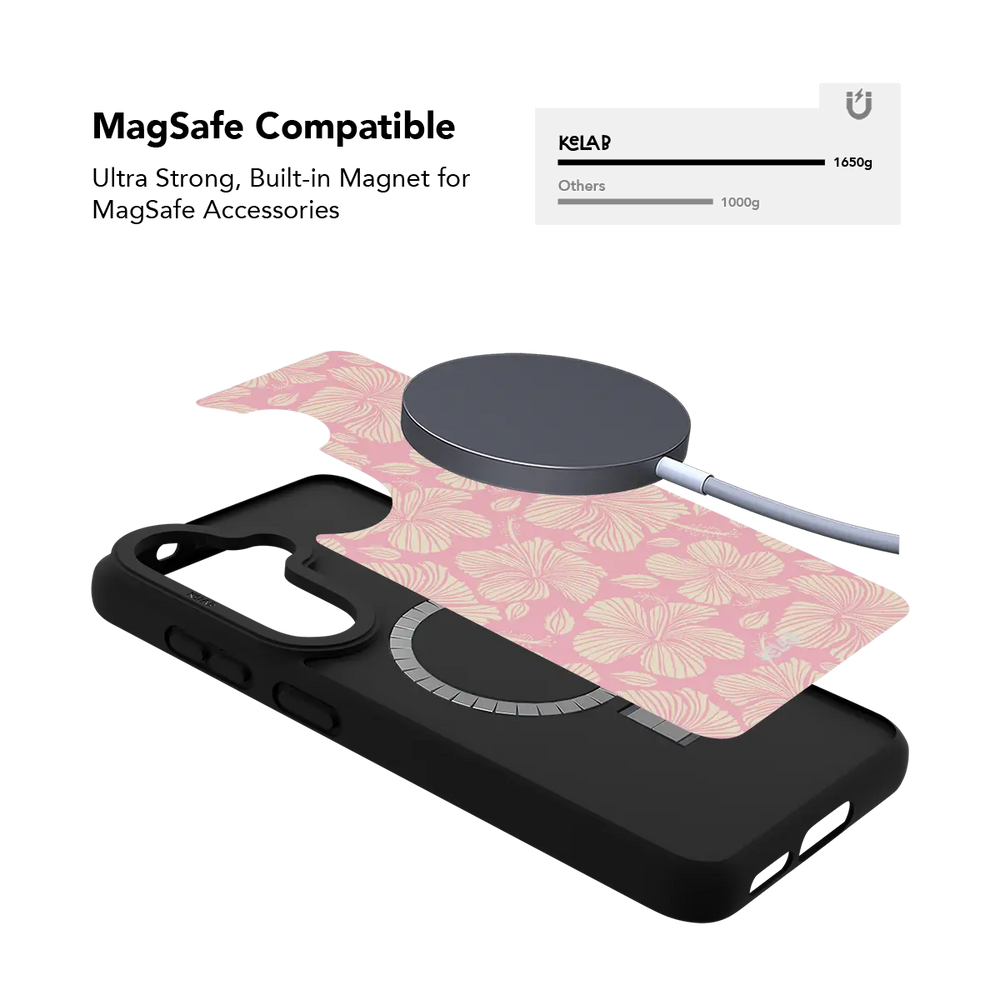 Guava Bloom Samsung case — Bold, MagSafe magnet compatibility demonstration