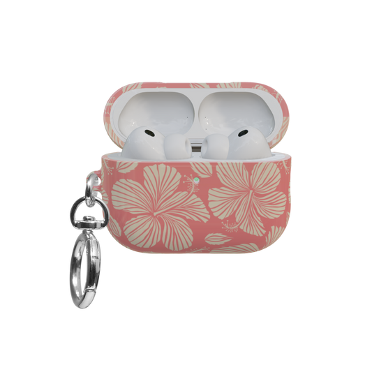 Orange Hibiscus Floral airpods pro case front view with open lid and keychain