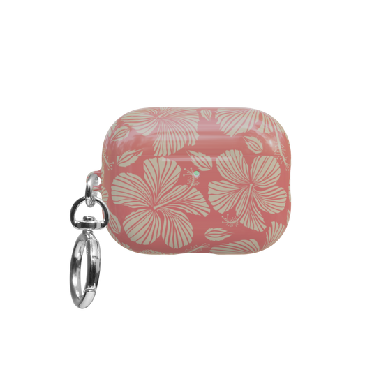 Orange Hibiscus Floral airpods pro case front view with closed lid and keychain