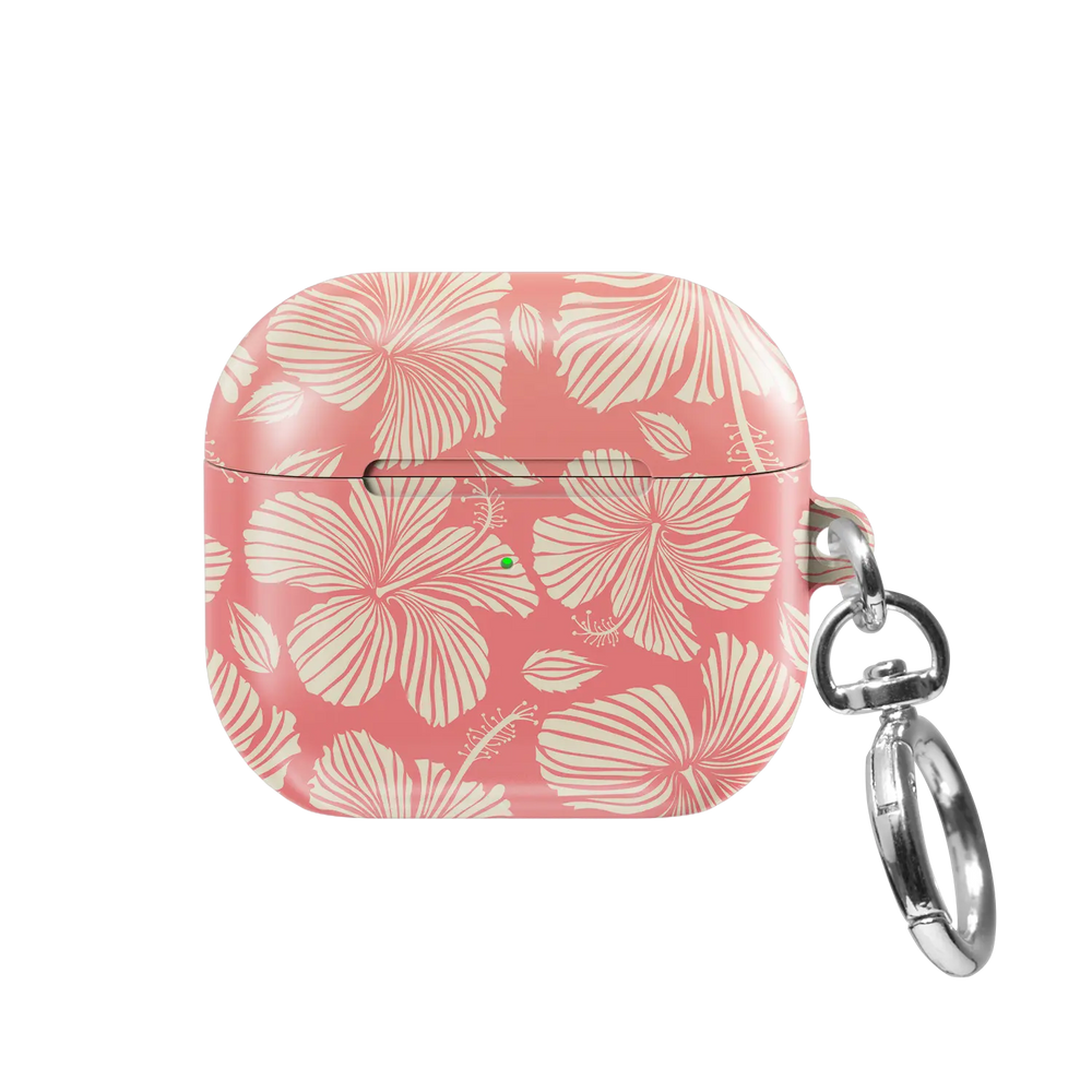 Papaya Glow AirPods case — front view with charging LED cutout and silver keychain clasp