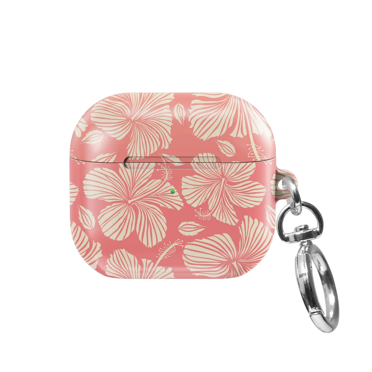 Papaya Glow AirPods case — front view with charging LED cutout and silver keychain clasp