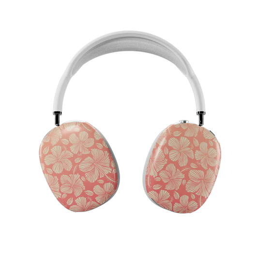 Papaya Glow AirPods Max case — front view of both earcups in dense cream hibiscus on coral