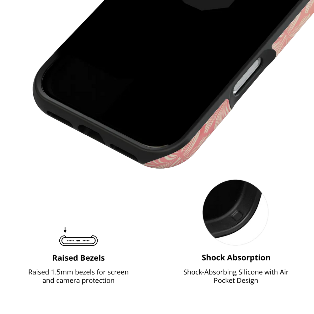 Papaya Glow iPhone case — Tough, raised bezel and shock-absorbing liner detail
