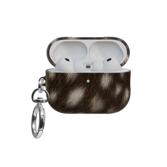 Brown Deer Print airpods pro case front view with open lid and keychain