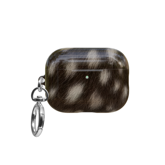 Brown Deer Print airpods pro case front view with closed lid and keychain