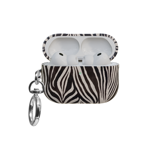 Zebra Stripe airpods pro case front view with open lid and keychain