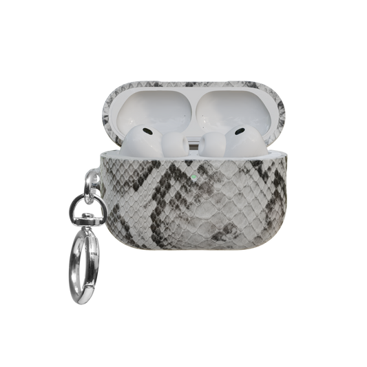 Grey Snakeskin airpods pro case front view with open lid and keychain