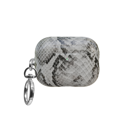 Grey Snakeskin airpods pro case front view with closed lid and keychain