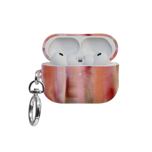 Pink Coral Ombre airpods pro case front view with open lid and keychain