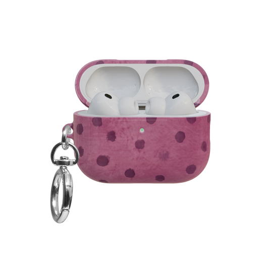 Pink Watercolor Polka Dot airpods pro case front view with open lid and keychain