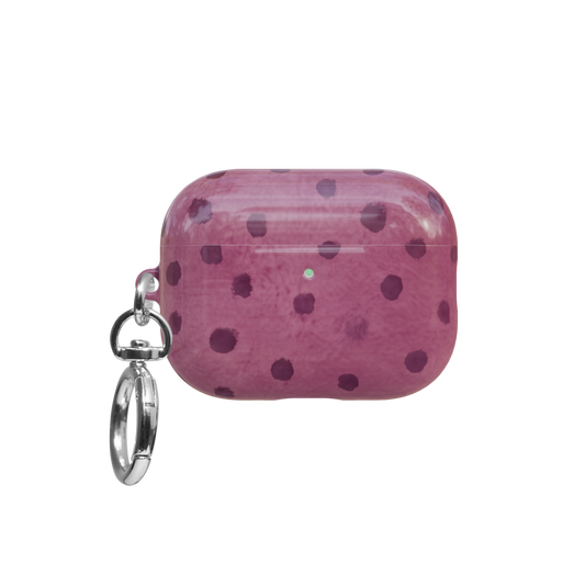 Pink Watercolor Polka Dot airpods pro case front view with closed lid and keychain