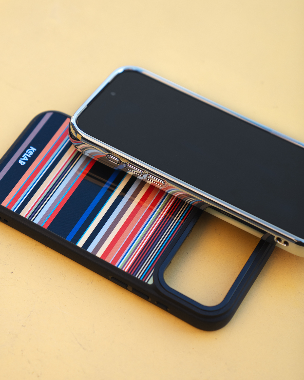 Colourful Multi-Stripe iPhone case shown next to an uncased iPhone for fit comparison