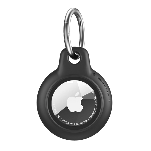 Black AirTag Case - Waterproof Secure Holder with Key Ring for GPS tracking. Durable silicone cover for scratch protection and easy attachment.