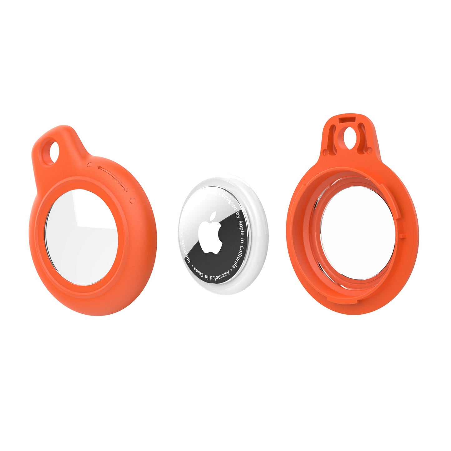 Orange AirTag Case - Waterproof Secure Holder with Key Ring disassembled. Includes front and back covers with AirTag for easy assembly.