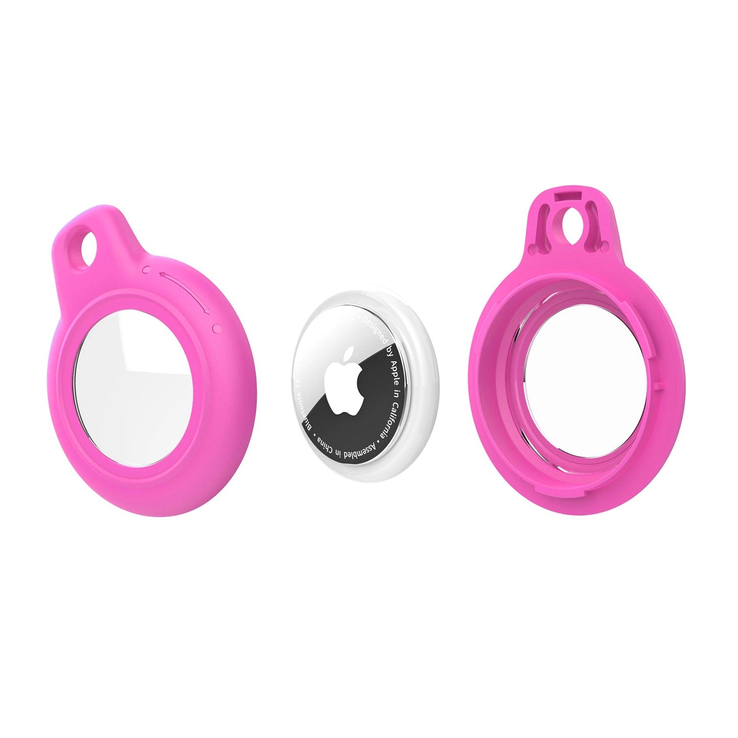 Pink AirTag Case - Waterproof Secure Holder with Key Ring shown disassembled. Easy-to-install silicone cover for GPS accessories.