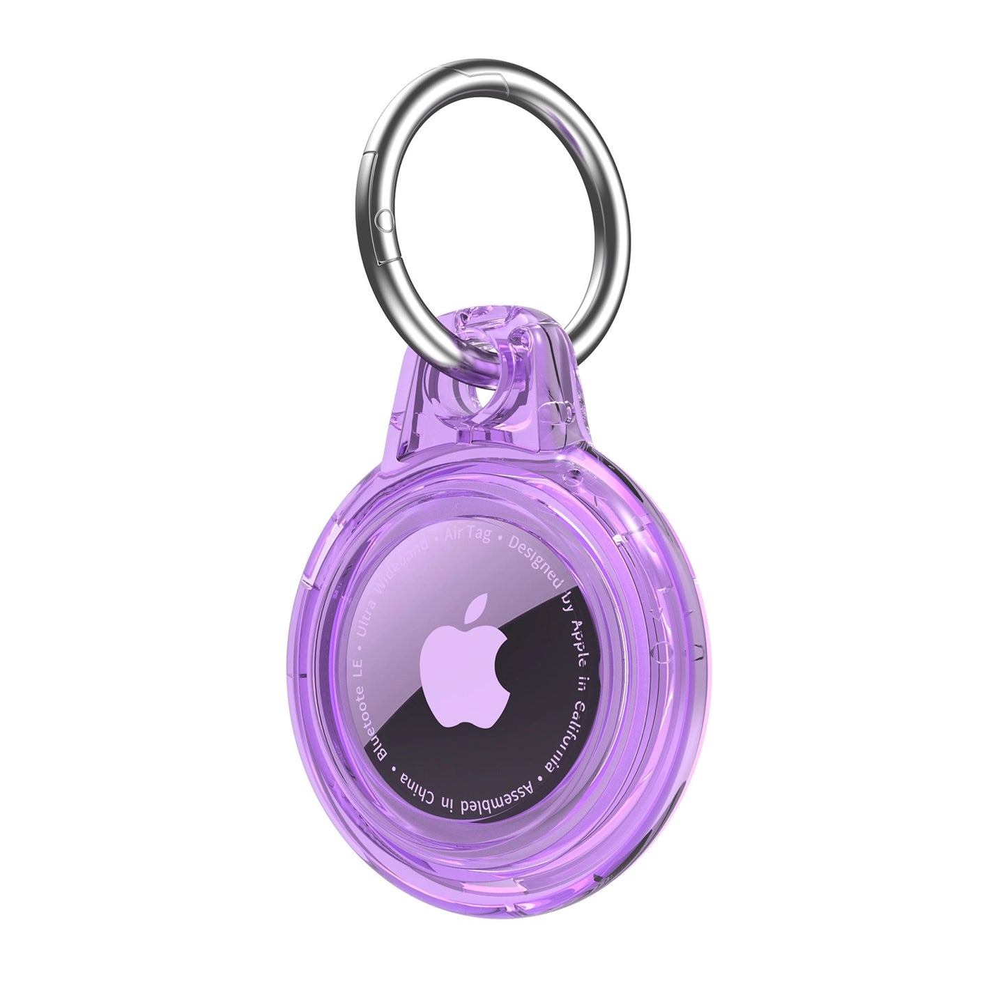 Purple AirTag case with a keyring attachment for secure tracking and protection
