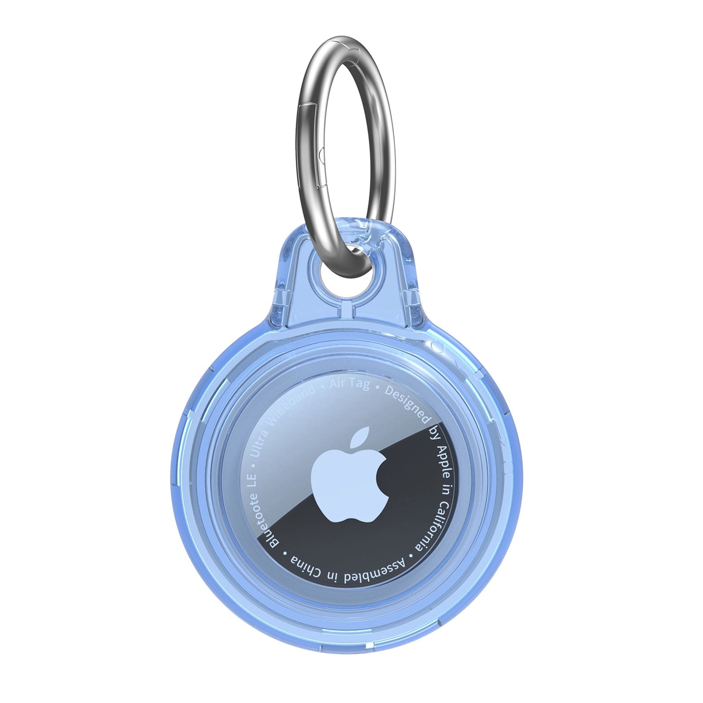 Clear blue AirTag case with metal keyring for easy attachment to bags or keys