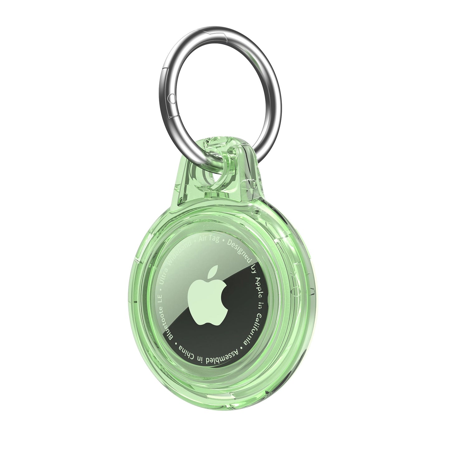 Clear green AirTag case with keyring attachment for secure tracking and protection