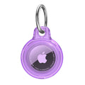 Purple AirTag case with a clear design and metal keyring for secure attachment