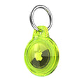 Clear neon green AirTag case with a circular design and keyring attachment
