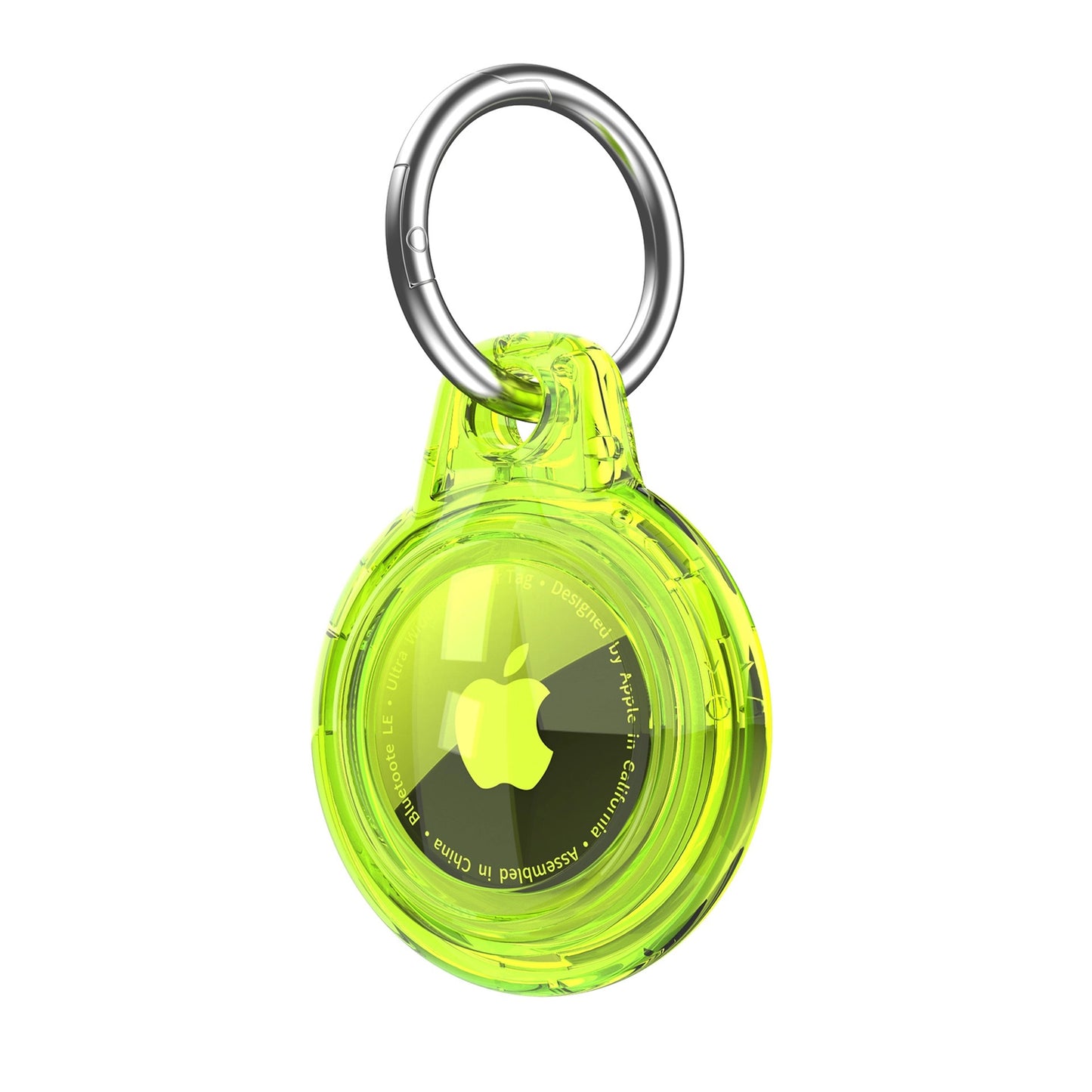 Clear neon green AirTag case with a circular design and keyring attachment