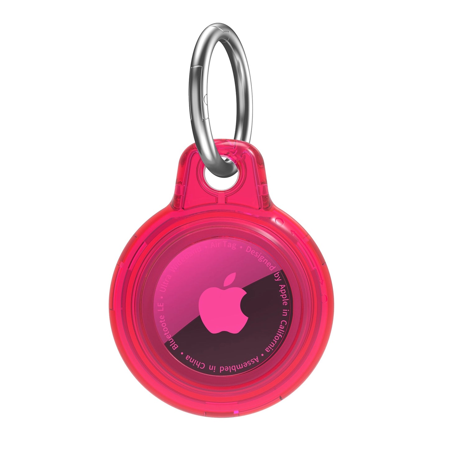 Clear neon pink AirTag case with a keyring attachment for easy carrying