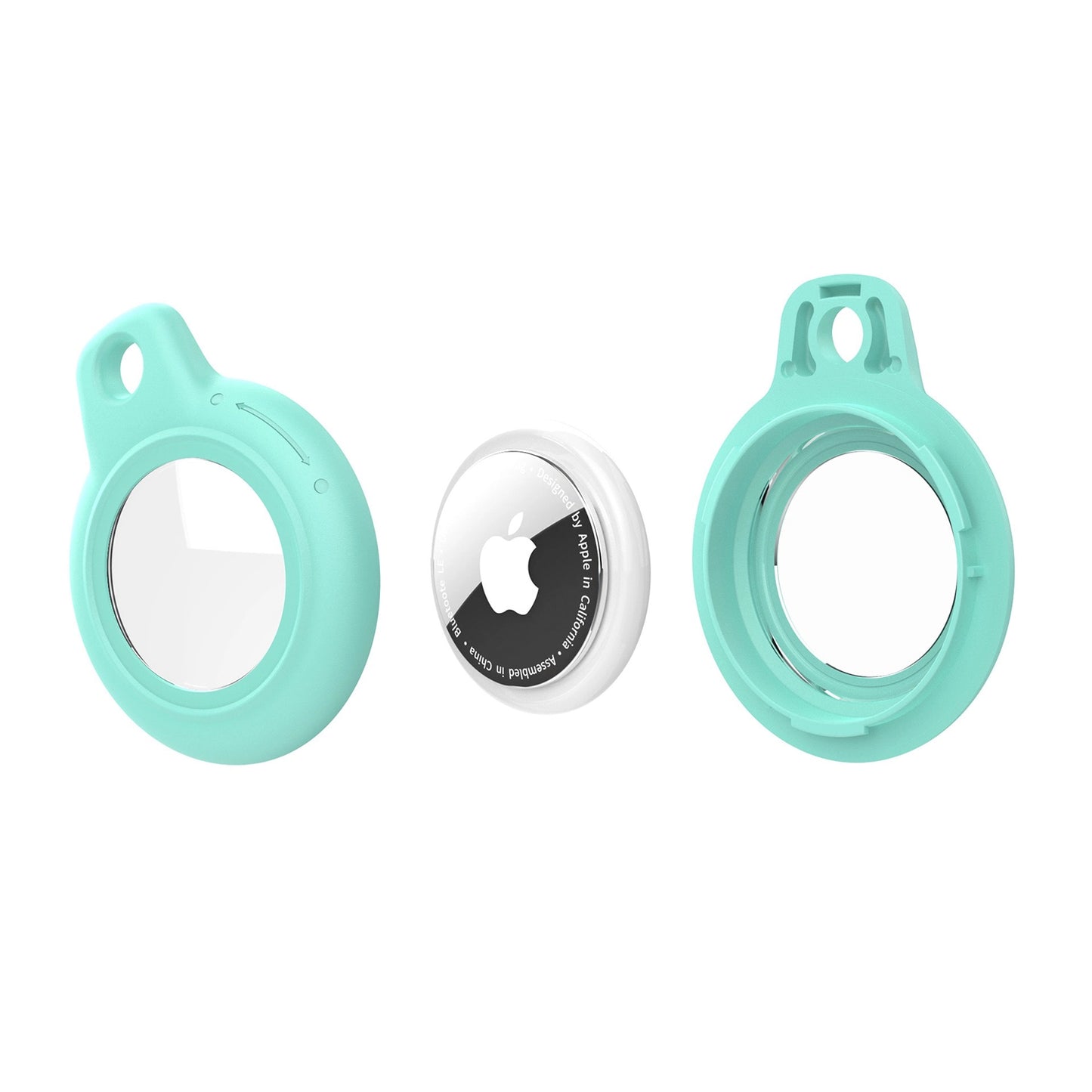 Mint Green AirTag Case - Waterproof Secure Holder with Key Ring shown in three parts. Easy-to-use GPS case for electronics.