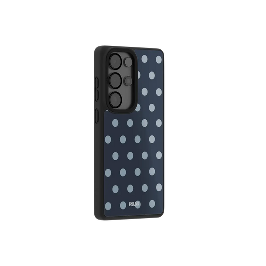 Classic Samsung Galaxy phone case in navy with polka dot pattern and durable TPU material