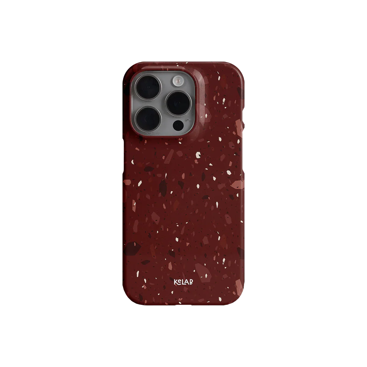 Back view of KELAB burgundy terrazzo phone case with crushed marble pattern and luxury finish for iPhone Pro models.