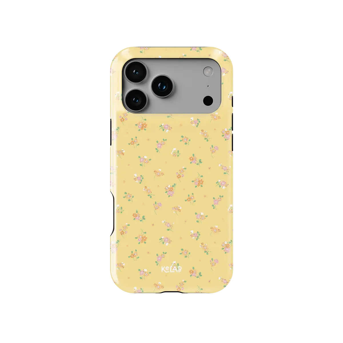 Pastel yellow floral Bold Chrome iPhone case, front view showing the pattern (Buttercup Fields).