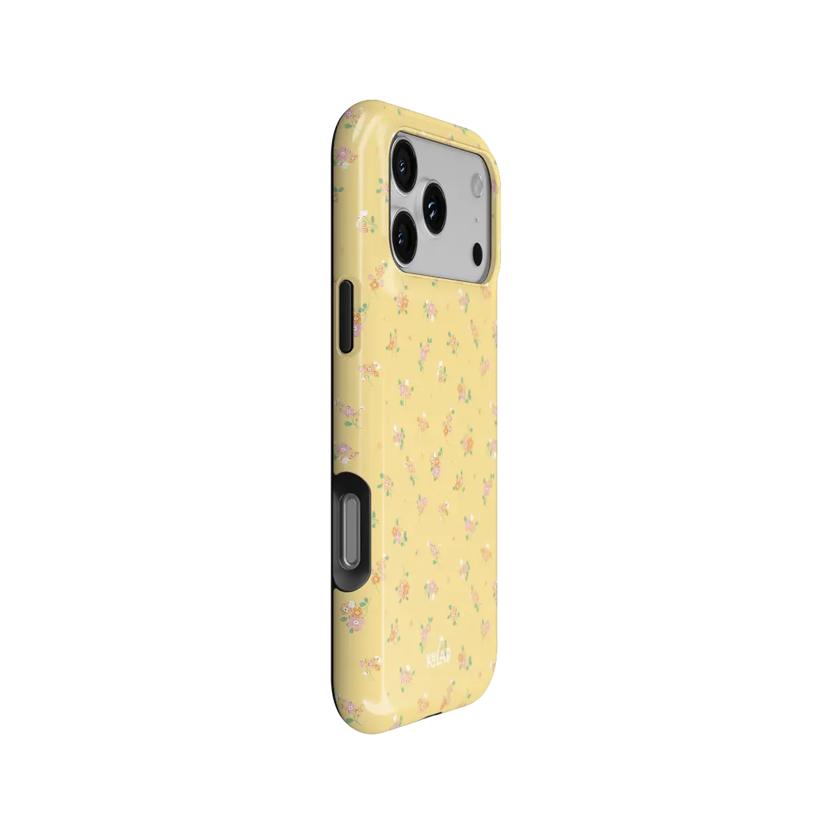 Pastel yellow floral Bold Chrome iPhone case, side view with pattern wrapped around buttons.