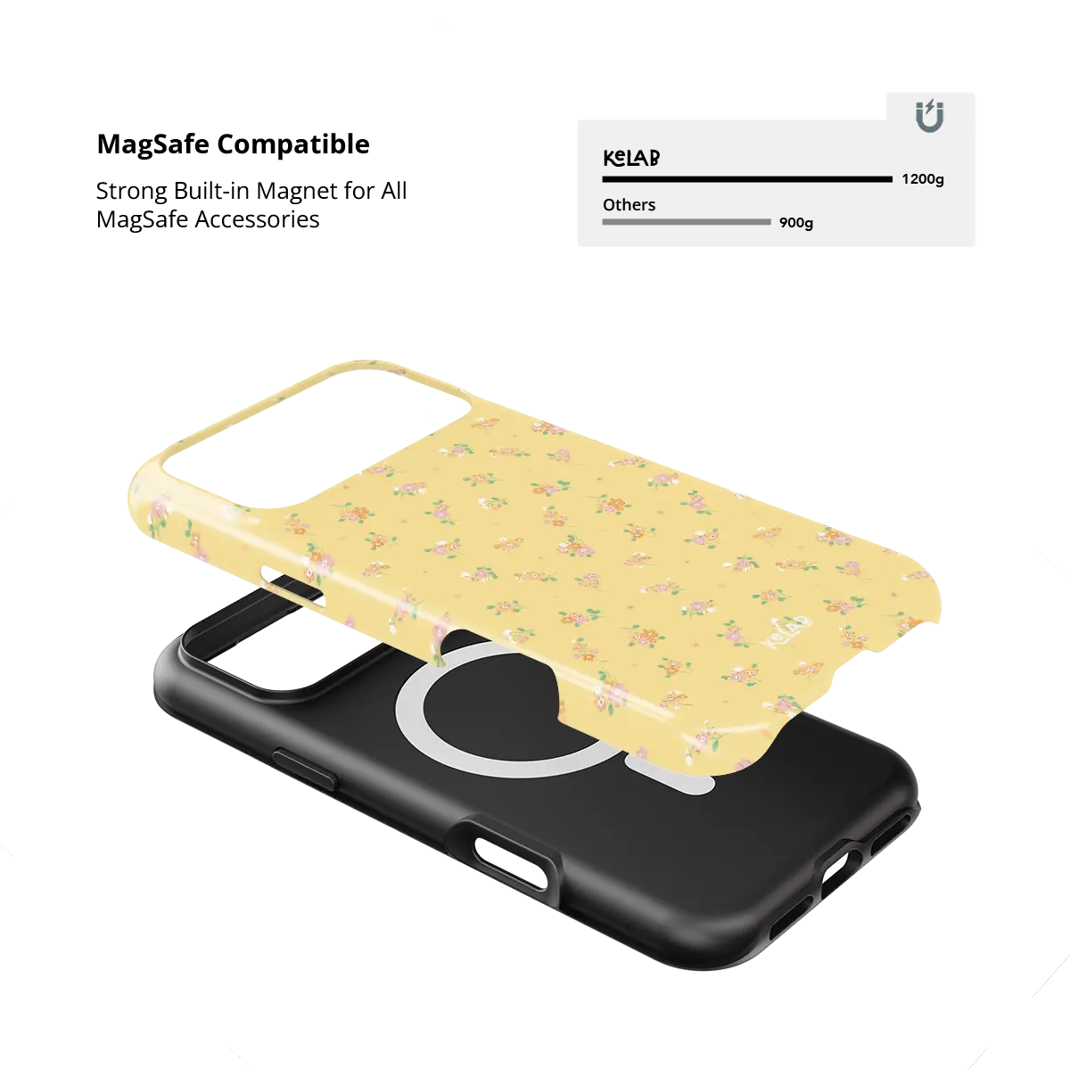 Pastel yellow floral Bold Chrome iPhone case, built-in strong MagSafe magnets.