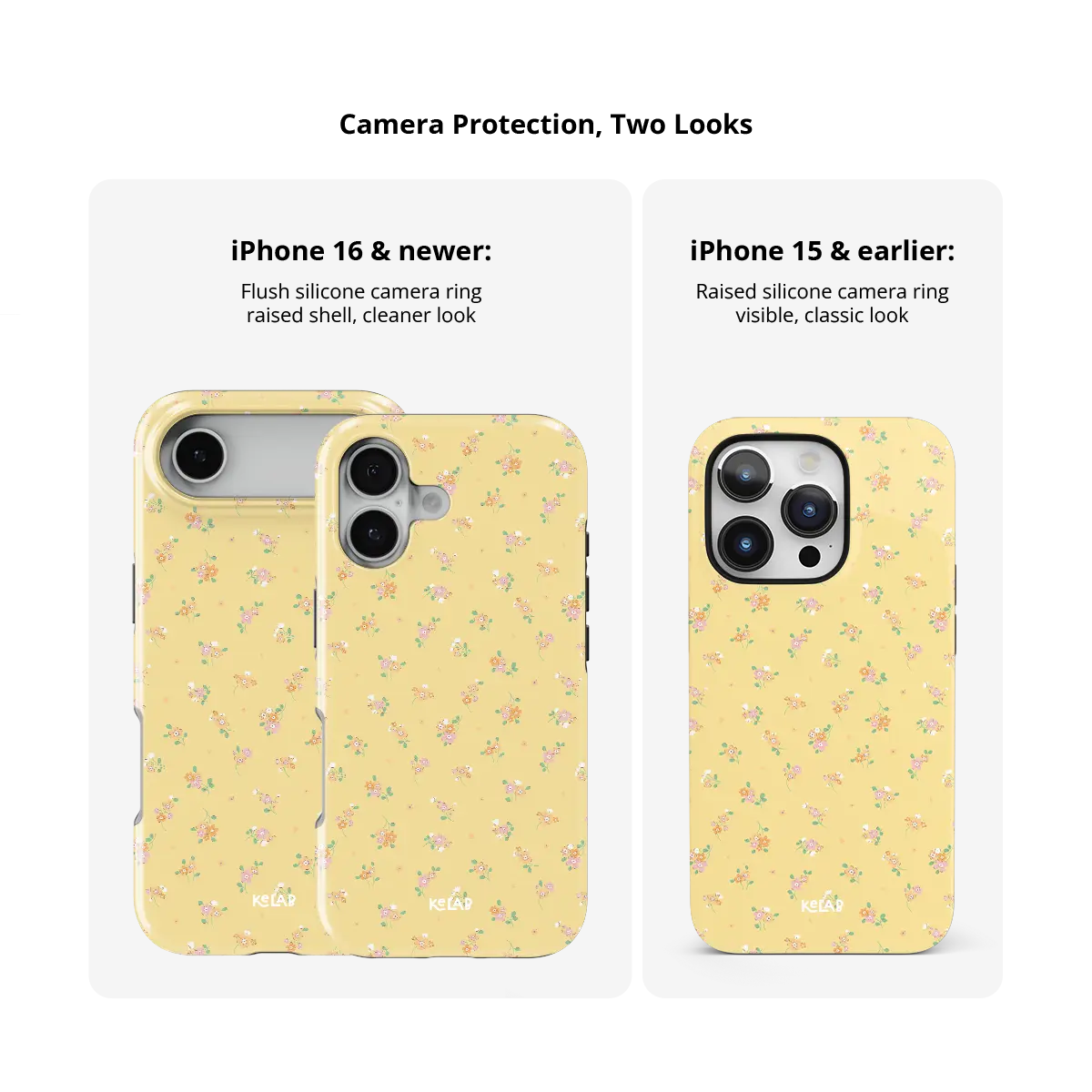 Pastel yellow floral Bold Chrome iPhone case, size compared across iPhone 15-18 models.