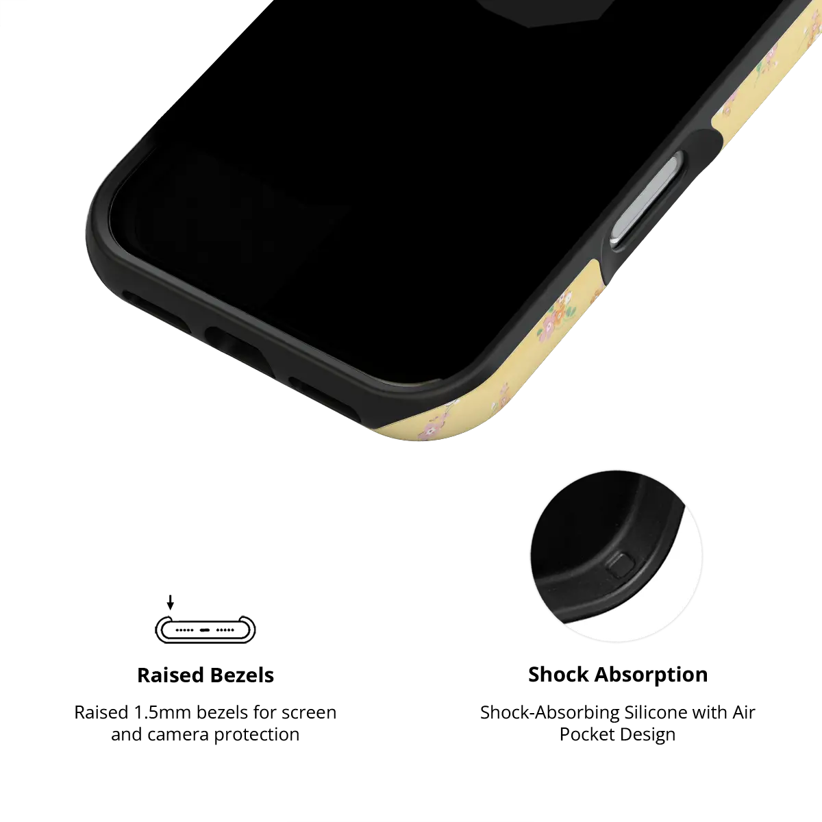 Pastel yellow floral Bold Chrome iPhone case, inner view with shock-absorbing liner.
